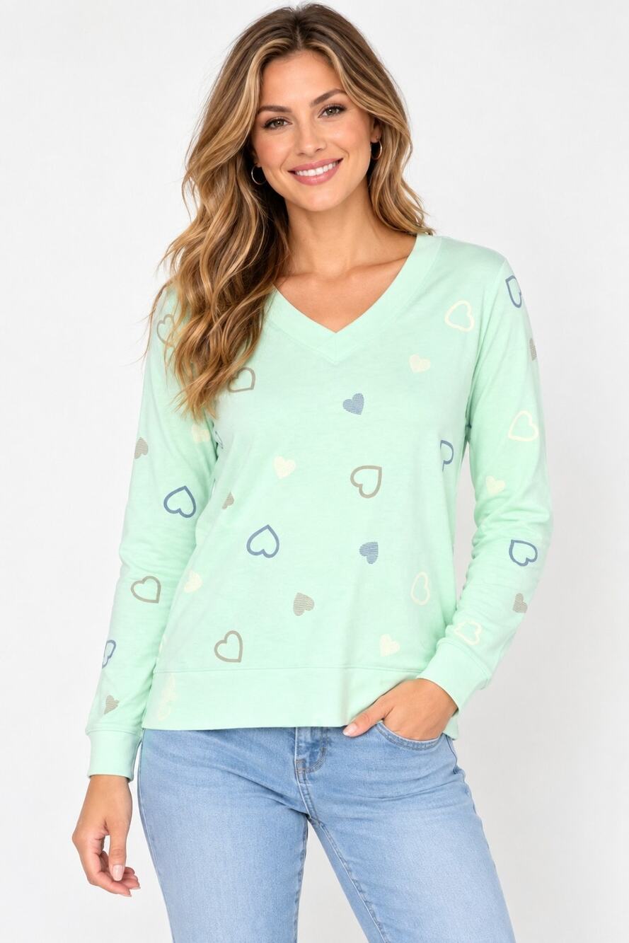 Anybody XL Mint Green Cozy Knit French Terry Heart Pullover Top A675265 NWOT